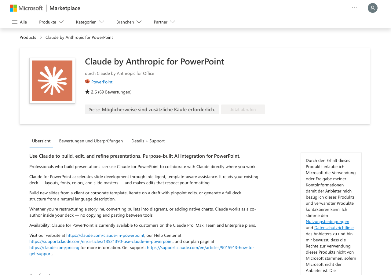 Das Claude-Add-in im Microsoft Marketplace: Listing Claude by Anthropic for PowerPoint mit dem Button Jetzt abrufen